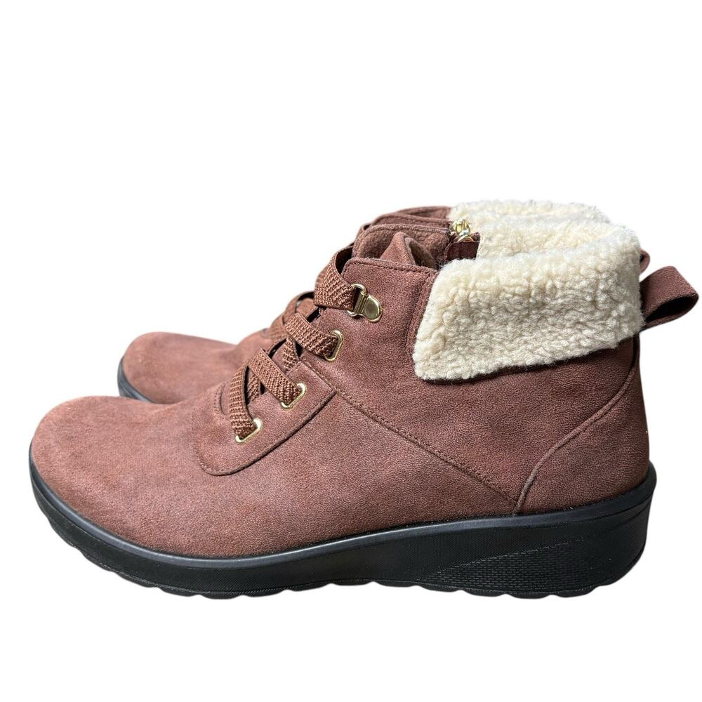 NWOT Bzees Garner Faux Fur Ankle Boots Womens 11 Brown Elastic Lace